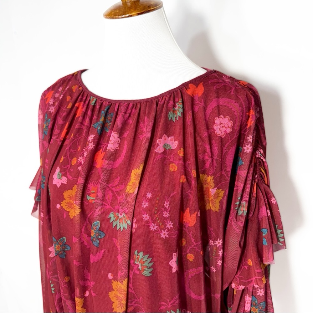 Free People Whimsy Floral Print Berry Pink Ruffled Pleated Draped Blouse XS - Picture 5 of 12